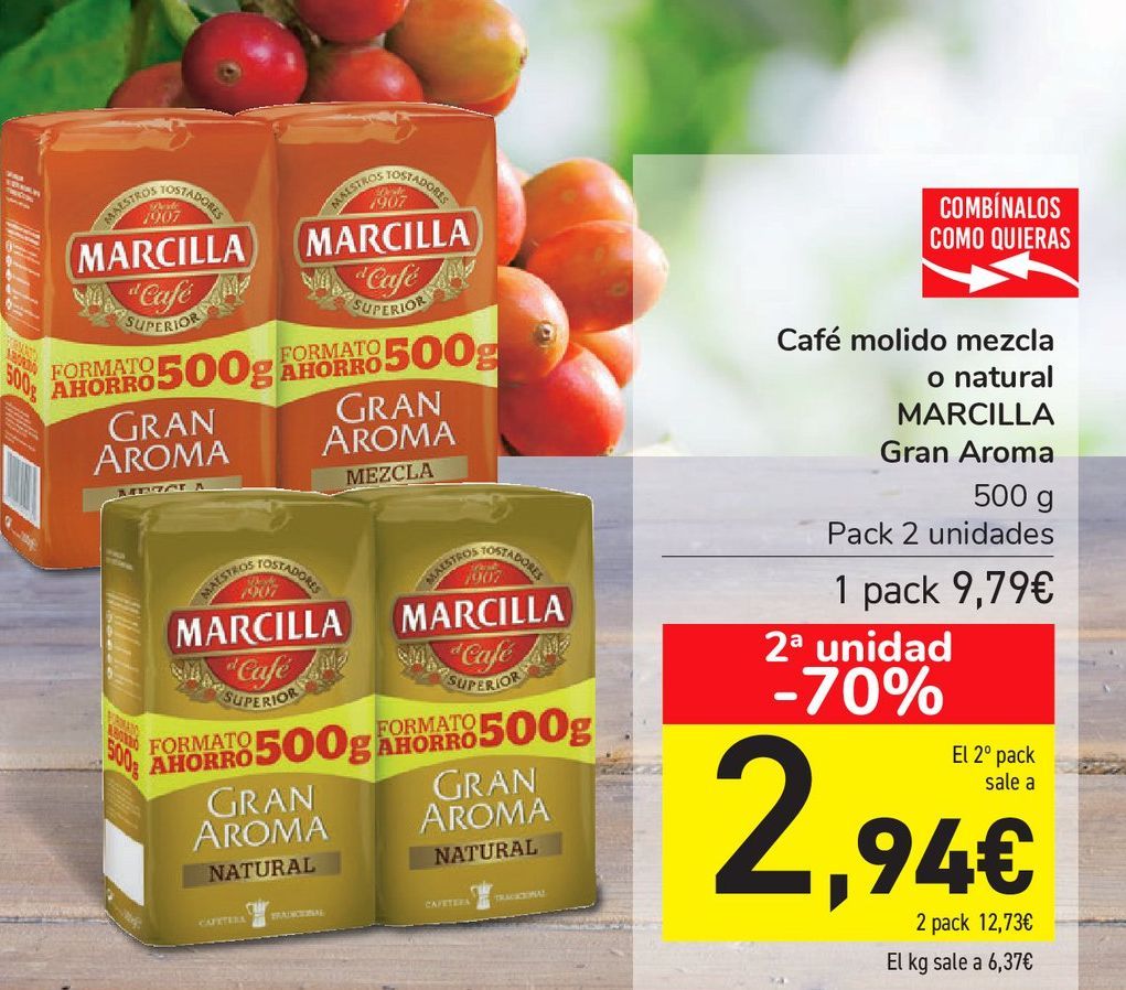 Oferta de Café molido mezcla o natural MARCILLA Gran Aroma 500 g por 9,79€
