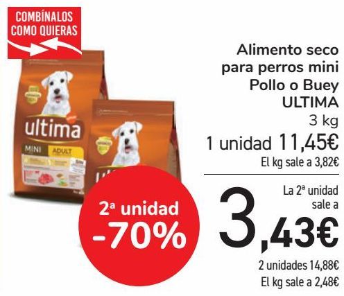Oferta de Alimento seco para perros mini Pollo o Buey ULTIMA  por 11,45€