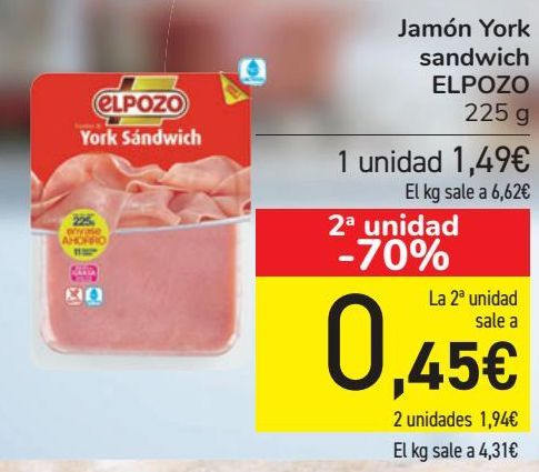 Oferta de Jamón York sandwich ELPOZO 225 g  por 1,49€