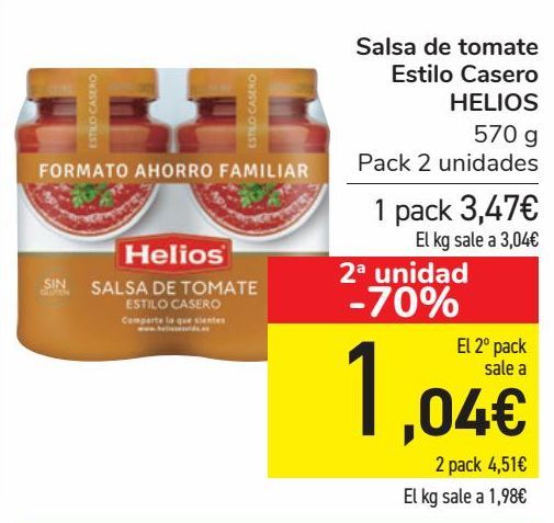 Oferta de Salsa de tomate Estilo Casero HELIOS 570 g Pack 2 unidades por 3,47€