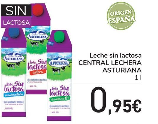 Oferta de Leche sin lactosa CENTRAL LECHERA ASTURIANA 1 ll por 0,95€