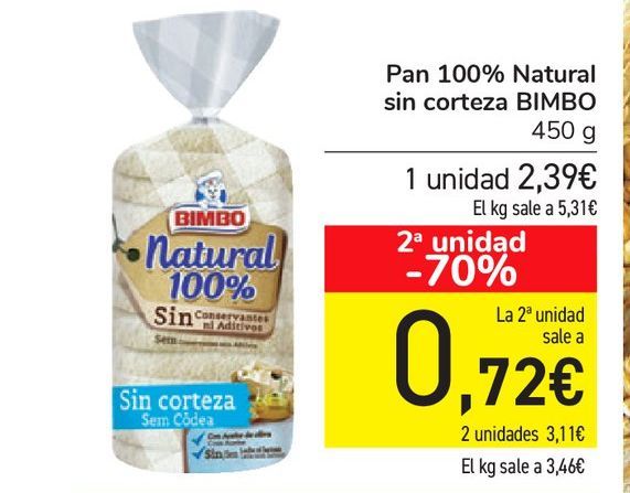 Oferta de Pan 100% Natural sin corteza BIMBO por 2,39€
