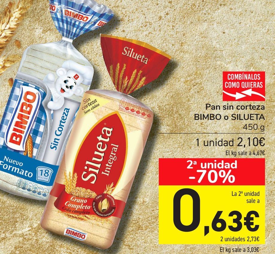 Oferta de Pan sin corteza BIMBO o SILUETA 450 g por 2,1€