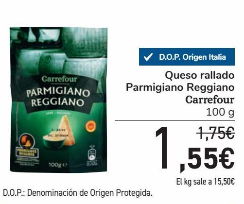 Oferta de Queso rallado Parmigiano Reggiano Carrefour por 1,55€
