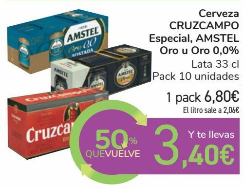 Oferta de Cerveza CRUZCAMPO Especial, AMSTEL Oro u Oro 0,0%  por 6,8€