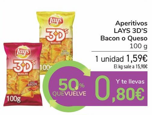 Oferta de Aperitivos LAYS 3D'S Bacon o Queso  por 1,59€