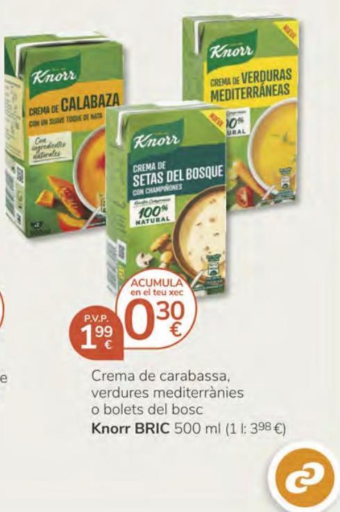 Oferta de Crema de carabassa, verdures mediterrànies o bolets del bosc Knorr BRIC 500 ml por 1,99€