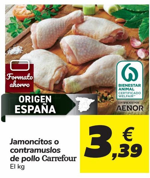 Oferta de Jamoncitos o contramuslos de pollo Carrefour por 3,39€