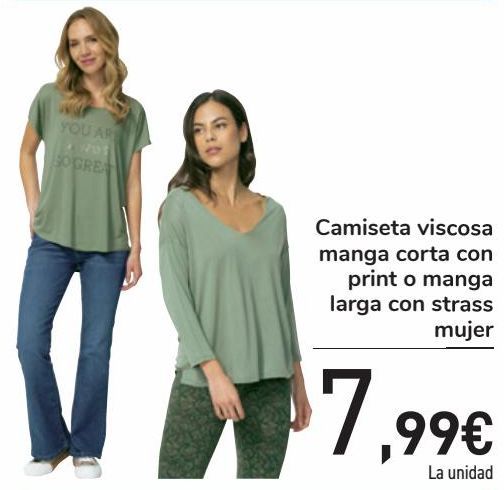 Oferta de Camiseta viscosa manga corta con print o manga larga cos strass mujer  por 7,99€