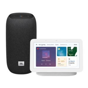 Oferta de Altavoz inalámbrico - JBL Link Portable, 20 W, 360º, 8 horas, BT, Negro + Pantalla Inteligente Google Nest Hub por 89€ en Media Markt