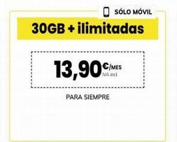 Oferta de SÓLO MÓVIL  30GB + ilimitadas  13,90CM  C/MES  PARA SIEMPRE  en MÁSmóvil