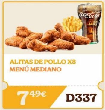 Oferta de ALITAS DE POLLO X8 MENÚ MEDIANO  74⁹€  Coca-Cola  D337  en Burger King