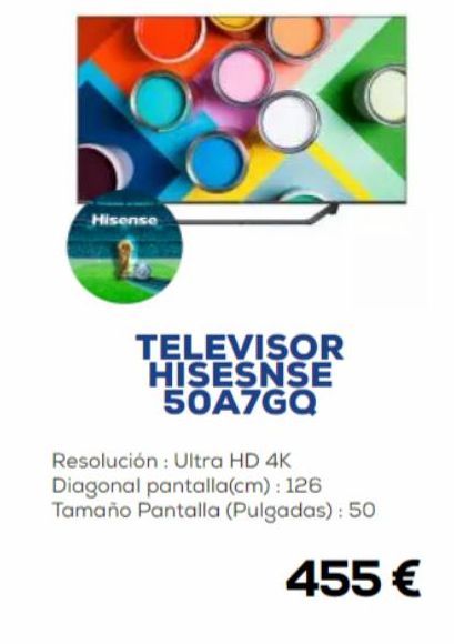 Oferta de Hisense  TELEVISOR HISESNSE 50A7GQ  Resolución: Ultra HD 4K Diagonal pantalla(cm): 126 Tamaño Pantalla (Pulgadas): 50  455 €  por 455€ en Euronics