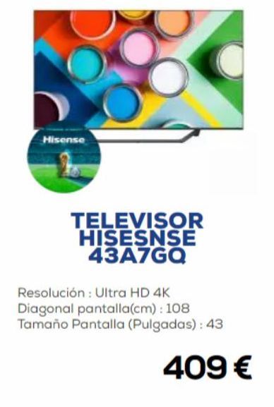 Oferta de Hisense  TELEVISOR HISESNSE 43A7GQ  Resolución: Ultra HD 4K Diagonal pantalla(cm): 108 Tamaño Pantalla (Pulgadas): 43  409 €  por 409€ en Euronics