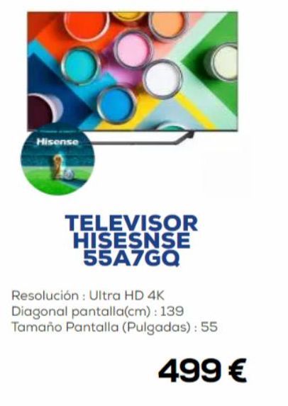 Oferta de Hisense  TELEVISOR HISESNSE 55A7GQ  Resolución: Ultra HD 4K Diagonal pantalla(cm): 139 Tamaño Pantalla (Pulgadas): 55  499 €  por 499€ en Euronics