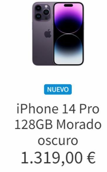 Oferta de NUEVO  iPhone 14 Pro 128GB Morado  oscuro  1.319,00 €  en K-tuin