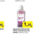 Oferta de Bunnig  Protección total  1,35€  ENJUAGUE PROTECCIÓN  TOTAL O ANTIPLACA IFA UNNIA | 500 ml (2,70€/L)  en Supermercados MAS