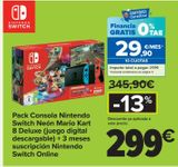 Oferta de Pack Consola Nintendo Switch Neón Mario Kart 8 Deluxe (juego digital descargable) + 3 meses suscripción Nintendo Swictch Online por 299€ en Carrefour