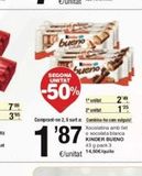 Oferta de 395  bueno  SEGONA UNITAT  -50%  bueno  1 unit  2 unitat  Comprant-ne 2, surt a Combinato con vulguis  187  €/unitat 14.50€/qui  Xocolatina amb llet o xocolata blanca KINDER BUENO 43 g pack 3  24  en SPAR Fragadis