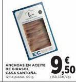 Oferta de EC  ANCHOAS EN ACEITE DE GIRASOL CASA SANTOÑA. 12/14 piezas, 60 g.  10  9.50  (158,33€/kg)  en Hipercor