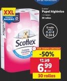 Oferta de Papel higiénico Scottex 30 rollos por 6,99€ en Lidl