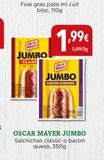 Oferta de JUMBO  CLABE  ,99€  5,69€/kg  JUMBO  BACON&OVERO  OSCAR MAYER JUMBO Salchichas classic o bacon queso, 350g  en Hiber