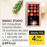 Oferta de Set maquillaje colorful metal: 16 sombras de ojos + 1 lapiz de labios + 1 esmalte de una + aplicadores MAGIC STUDIO por 4,99€ en Eroski