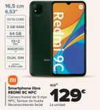 Oferta de Smartphone libre REDMI 9C NFC Xiaomi por 129€ en Carrefour