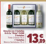 Oferta de Estuche con 3 botellas D.O.Ca. "Rioja" CUNE 2 botellas Tinto Crianza + 1 botellas Blanco Semidulce por 13,89€ en Carrefour