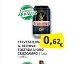 Oferta de Producto  ANDALUZ  Cruzcampo  CERVEZA 0,0% G. RESERVA TOSTADA U ORO CRUZCAMPO | lata (1,88€/L)  0,62€  en Supermercados MAS