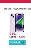 Oferta de Iphone 14 128G Medianoche  959€  1.009€ | -4,96%  COMPRAR >  por 959€ en La tienda en casa