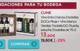Oferta de COMPRAR >  CUNE  Vino tinto Crianza 2 botellas D.O.Ca Rioja + Vino blanco Verdejo 1 botella D.O. Rueda, estuche 3 botellas de 75 cl  13,90€ 19,80€ -29%  por 13,9€ en La tienda en casa