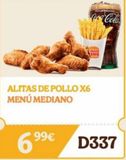 Oferta de ALITAS DE POLLO X6 MENÚ MEDIANO  99€  Coca-Cola  IRGER ING  D337  por 99€ en Burger King