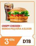 Oferta de ZERO  Coca-Cola  CRISPY CHICKEN + BEBIDA PEQUEÑA A ELEGIR  3.4⁹€ D78  en Burger King