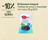 Oferta de -10%  1,00€  0,90€  El Granero Integral Tortitas de arroz y chocolate con coco 33 g ECO  Bio  Tortas de Arroy  Chocolate Negro con Coco  en Veritas