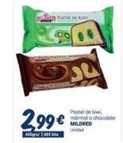 Oferta de 2,99 €  400gra/ 7,40€ kila  PASTEL DE KIWI  MARED PANTER MANMO  su  Pastel de kiwi, mármol o chocolate MILDRED  Unidad  en Supermercados Plaza