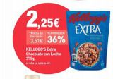 Oferta de 2,25€  KELLOGG'S Extra Chocolate con Leche 375g. el kilo le sale a 6€  *Media de TE AHORRAS UN  3,51€ 36%  EXTRA  LUPE  en PrimaPrix
