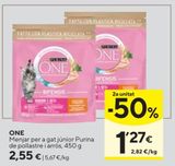 Oferta de ONE Alimento de pollo-arroz gato junior Purina 450 g por 2,55€ en Caprabo