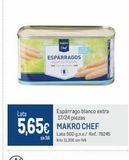 Oferta de ESPÁRRAGOS  Lata  5,65€ MAKRO CHEF  sin NA  Espárrago blanco extra 17/24 piezas  Lata 500 g.ne./ Ref.: 78245 Kl 11,30€ sin IVA  en Makro
