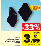 Oferta de Pack 3 pares calcetines deporte hombre o mujer LOTTO  por 3,99€ en Carrefour