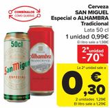 Oferta de Cerveza SAN MIGUEL Especial o ALHAMBRA Tradicional  por 0,99€ en Carrefour