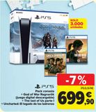 Oferta de PS5 Pack consola + God of War Ragnarök (juego digital descargable) + The Last of Us parte I + Uncharted: El legado de los ladrones  por 699,9€ en Carrefour