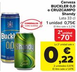 Oferta de Cerveza BLUCKLER 0,0 O CRUZCAMPO Shandy por 0,75€ en Carrefour