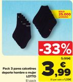 Oferta de Pack 3 pares calcetines deporte hombre o mujer LOTTO  por 3,99€ en Carrefour