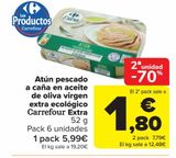Oferta de Atún pescado a caña en aceite de oliva virgen extra ecológico Carrefour Extra por 5,99€ en Carrefour