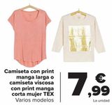 Oferta de Camiseta con print manga larga o camiseta viscosa con print manga corta mujer TEX  por 7,99€ en Carrefour