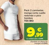 Oferta de Pack 2 camisetas manga corta cuello redondo o pico hombre TEX BIO  por 9,99€ en Carrefour