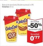 Oferta de Batut de xocolata Shake normal o 0% ColaCao 20 cl  ColaCao 0%  SHAKE  ola Ca SHAKE  2a unitat  -50%  1a unitat 1,55  2a unitat  0'77  en Sorli