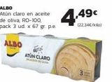 Oferta de ALBO  Atún claro en aceite de oliva, RO-100, pack 3 ud x 67 gr. p.e.  ALBO  ATUN CLARO  ,49€  Max]  en Supermercados Lupa