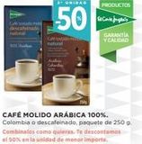Oferta de Call  descafeinado  2 UNIDAD  50  Cafe dom  natural  CAFÉ MOLIDO ARÁBICA 100%. Colombia o descafeinado, paquete de 250 g. Combinatos como quieras. Te descontamos el 50% en la unidad de menor importe.  en Hipercor